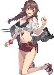 1girl ball bikini black_bikini braid breasts brown_hair collared_shirt front-tie_top full_body green_eyes jewelry kantai_collection kneeling konishi_(koconatu) large_breasts long_hair looking_at_viewer machinery midriff navel noshiro_(kancolle) noshiro_(swimsuit)_(kancolle) official_art open_collar red_shorts sandals scrunchie ship_turret shirt shorts swept_bangs swimsuit third-party_source tied_shirt transparent_background twin_braids white_shirt