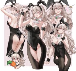 1girl absurdres animal_ears arm_support ass bare_shoulders black_hairband blush breasts carrot chibi commentary_request detached_collar fake_animal_ears fake_tail female_corrin_(fire_emblem) fire_emblem fire_emblem_fates from_behind hair_ornament hairband hand_up highres leo_(fire_emblem_fates) leotard long_hair looking_at_viewer medium_breasts multiple_views nintendo one_eye_closed open_mouth pointy_ears rabbit_tail red_eyes sitting sobasakuhin speech_bubble strapless strapless_leotard sweat sweatdrop tail white_hair wrist_cuffs