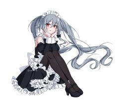 Rule 34 | 1girl, alternate costume, alternate hairstyle, apron, bare shoulders, black pantyhose, black shoes, clothing cutout, commentary request, dress, enmaided, floating hair, frilled dress, frills, grey hair, herrscher of sentience, high heels, highres, honkai (series), honkai impact 3rd, korean commentary, licking lips, long hair, maid, maid apron, maid headdress, multicolored hair, pantyhose, red eyes, shoes, shoulder cutout, sitting, skirt, solo, streaked hair, tongue, tongue out, twintails, twitter username, two-tone hair, very long hair, white background, white hair, yuhuria 52