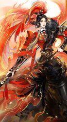 1girl architecture armor black_hair bracer character_request chinese_clothes east_asian_architecture embers faulds fire full_body fur_trim hair_rings hanfu high_collar highres holding holding_behind_back holding_polearm holding_reins holding_weapon holding_weapon_behind_back horseback_riding light_particles lipstick makeup mandarin_collar parted_lips pauldrons polearm red_hanfu red_lips reins riding short_hair shoulder_armor single_pauldron solo updo wang_chuan_feng_hua_lu weapon ye_dian_pikaqiu