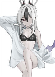 1girl arm_behind_head black_bra black_choker black_hair black_horns blue_archive bra breasts choker closed_mouth demon_horns demon_wings dress_shirt earclip feet_out_of_frame grey_halo hair_between_eyes halo highres horns kayoko_(blue_archive) kit_(kit7lq) lace lace_bra long_hair looking_at_viewer mole mole_on_neck multicolored_hair one_eye_closed oversized_clothes red_eyes see-through_clothes see-through_shirt shirt shirt_partially_removed simple_background single_wing sitting sleeves_past_wrists solo two-tone_hair underwear white_background white_hair wings
