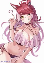 bikini blush breasts cleavage hair_ornament heart heart_hair_ornament highres large_breasts loves_only_you_(umamusume) multicolored_hair one_eye_closed red_bikini rio_(lio_yuzu) swimsuit yellow_eyes