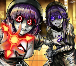 2girls absolute_solver_(murder_drones) android artist_request black_hat black_helmet clenched_teeth commentary english_commentary floor_tiles glowing glowing_eyes grey_skirt hair_over_shoulder hair_tie hand_on_own_arm hat helmet highres id_card indoors lanyard long_hair looking_at_viewer loose_clothes m4skedboi multiple_girls murder_drones nori_(murder_drones) outstretched_arms outstretched_hand protecting purple_eyes purple_hair red_eyes short_hair short_sleeves skirt standing teeth upper_body wide-eyed wince yeva_(murder_drones)