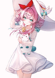 Rule 34 | 1girl, absurdres, animal, aqua eyes, aqua hair, commentary request, dress, drill hair, hair ribbon, hat, highres, holding, holding animal, honkai: star rail, honkai (series), hyacine (honkai: star rail), ichizon, little ica (honkai: star rail), medium hair, multicolored hair, pegasus, pink hair, red ribbon, ribbon, simple background, smile, sun hat, sundress, twin drills, twintails, two-tone hair, white background, white dress