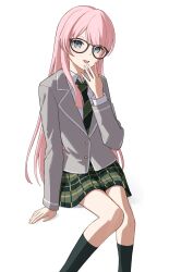 1girl absurdres bang_dream! bang_dream!_it&#039;s_mygo!!!!! black-framed_eyewear black_socks chihaya_anon commentary diagonal-striped_clothes diagonal-striped_necktie fang glasses green_necktie green_skirt grey_eyes grey_jacket hand_up highres invisible_chair jacket kneehighs long_hair long_sleeves looking_at_viewer merlin_(mer71n) necktie open_mouth pink_hair plaid_clothes plaid_skirt pleated_skirt simple_background sitting skirt socks solo striped_clothes teeth upper_teeth_only white_background