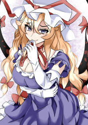 1girl arm_under_breasts blonde_hair breasts choker cleavage closed_mouth dress elbow_gloves finger_to_own_chin frills gap_(touhou) gloves hair_between_eyes hair_ribbon hat highres kakineko large_breasts long_hair looking_at_viewer mob_cap purple_dress purple_eyes ribbon ribbon_choker short_sleeves smile solo touhou very_long_hair white_gloves yakumo_yukari
