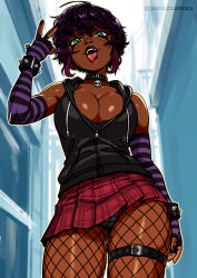 1girl absurdres breasts choker cleavage dark-skinned_female dark_skin fangs fishnets gloves goth_fashion highres large_breasts looking_at_viewer open_mouth original pencil_comics self-upload skirt smile solo striped_clothes striped_gloves thighs tongue v