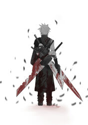 Rule 34 | 1boy, absurdres, armor, arvin36324228, black feathers, black gloves, blood, blood on clothes, bloody weapon, cloud strife, falling feathers, feathers, final fantasy, final fantasy vii, final fantasy vii advent children, from behind, fusion swords, gloves, highres, holding, holding sword, holding weapon, male focus, over shoulder, shirt, short hair, shoulder armor, shoulder strap, single bare shoulder, single shoulder pad, single sleeve, spiked hair, standing, sword, sword on back, waist cape, weapon, weapon on back, weapon over shoulder, white background