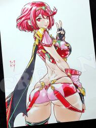 1girl arm_at_side arm_up armor ass back bob_cut breasts cowboy_shot cre.o.n dimples_of_venus female_focus fingerless_gloves gloves green_trim hair_between_eyes impossible_clothes jewelry large_breasts monolith_soft nintendo pinup_(style) pyra_(xenoblade) red_armor red_eyes red_hair red_lips red_thighhighs short_hair short_shorts shorts shoulder_armor sideboob simple_background smile solo standing suspenders thick_thighs thighhighs thighs tiara traditional_media v watermark white_background xenoblade_chronicles_(series) xenoblade_chronicles_2