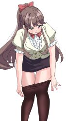 1girl 3: absurdres black_pantyhose black_skirt blazer blush bow bowtie breasts brown_hair buttons commentary_request double-breasted ereka feet_out_of_frame frilled_shirt frills fujishima_megumi hair_bow highres jacket large_breasts leaning_forward link!_like!_love_live! long_hair love_live! miniskirt oshiete_teacher_(love_live!) pantyhose pencil_skirt ponytail puffy_short_sleeves puffy_sleeves purple_eyes red_bow red_bowtie shirt short_sleeves simple_background skirt solo sweatdrop thigh_gap undressing v-shaped_eyebrows virtual_youtuber white_background white_jacket white_shirt
