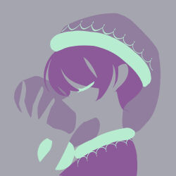 Rule 34 | 1girl, abstract, blue hair, closed eyes, doremy sweet, dream soul, dress, from side, hair between eyes, hat, highres, holding, limited palette, maskin mei, minimalism, pom pom (clothes), purple background, purple dress, purple hat, short hair, simple background, touhou