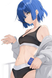 1girl absurdres black_tank_top blue_hair bocchi_the_rock! candy cigarette cigarette_candy closed_mouth commentary_request earrings food highres holding holding_cigarette isocha jacket jewelry looking_at_viewer mole mole_under_eye off_shoulder short_hair simple_background solo stud_earrings tank_top white_background white_jacket yamada_ryo yellow_eyes