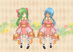 Rule 34 | 2girls, arch bishop (ragnarok online), argyle background, black shoes, blue eyes, blue hair, bow, breasts, cleavage cutout, closed mouth, clothing cutout, commentary request, dark-skinned female, dark skin, dress, dress bow, expressionless, flat chest, flower, frilled dress, frilled sleeves, frills, full body, green eyes, green hair, hair bow, long hair, looking at another, looking to the side, medium breasts, multiple girls, official alternate costume, pink dress, pochiko (poteko), pointy ears, ragnarok online, red bow, shoes, thighhighs, two-tone dress, white dress, white thighhighs, yellow bow, yellow flower