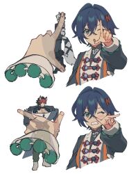 1boy 1girl 2boys animal_ears bead_bracelet beads belle_(delicate_sunlight)_(zenless_zone_zero) belle_(zenless_zone_zero) black_hair blue_eyes blue_hair blush bracelet china_dress chinese_clothes crossed_bangs dress furry furry_male green_eyes hair_between_eyes hair_ornament hand_on_own_hip highres holding jacket jewelry komano_manato long_sleeves looking_at_viewer lpp_evemace male_focus multicolored_hair multiple_boys multiple_views necklace one_eye_closed open_mouth pants red_hair shirt short_hair simple_background smile tail teeth tongue von_lycaon white_background zenless_zone_zero