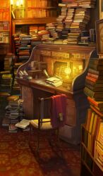 book bookshelf candle candlelight chair commentary desk fate/grand_order fate_(series) indoors jacket lasengle no_humans official_art orange_theme red_jacket still_life third-party_source unworn_jacket