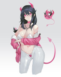 1girl bare_shoulders breasts choker cleavage closed_mouth collarbone commentary_request contrapposto cowboy_shot creature cropped_legs demon_girl demon_horns demon_tail gradient_background grey_background grey_pants hair_between_eyes hand_in_pocket heart highres horns jacket large_breasts long_sleeves mixed-language_commentary navel off_shoulder open_clothes open_jacket original pants pasties pink_choker pink_jacket pointy_ears signature simple_background solo tail wookyung