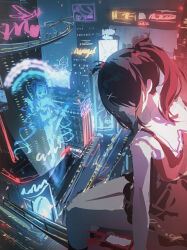 1girl absurdres ame-chan_(needy_girl_overdose) black_hair building chouzetsusaikawa_tenshi-chan city cityscape clip_studio_paint_(medium) commentary highres hologram junpaku_karen making-of_available medium_hair needy_girl_overdose neon_lights pien_cat_(needy_girl_overdose) sitting solo twintails