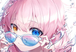 Rule 34 | 1girl, absurdres, adjusting eyewear, blue-tinted eyewear, blue archive, blue eyes, close-up, closed mouth, hair between eyes, heterochromia, highres, hoshino (blue archive), long hair, lovelykirby 125, pink hair, sidelocks, smile, solo, tinted eyewear, white-framed eyewear, yellow eyes