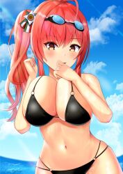 ahoge azur_lane bikini black_bikini blush breasts breasts_squeezed_together cloud goggles goggles_on_head hair_ornament highres large_breasts looking_at_viewer navel o-ring o-ring_bikini ocean open_mouth pinesphere red_hair side_ponytail swimsuit wet yellow_eyes zara_(azur_lane) zara_(poolside_coincidence)_(azur_lane)