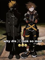 2boys belt black_coat_(kingdom_hearts) blonde_hair blue_eyes brown_hair commentary crying_emoji emoji english_commentary english_text face_in_shadow full_body gloves grin hat_babo highres kingdom_hearts male_focus meme multiple_boys night one_eye_closed outdoors photo_background roxas shoes short_hair sidewalk smile sora_(kingdom_hearts) spiked_hair standing why_dis_ninja_look_so_mad_(meme)