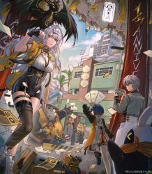 2boys 3girls absurdres artist_name bangboo_(zenless_zone_zero) belle_(zenless_zone_zero) bird black_bird black_gloves black_shirt black_shoes black_shorts blue_hair blue_sky breasts camera city commentary day dress eous_(zenless_zone_zero) fingerless_gloves gloves grey_hair grey_shirt high-waist_shorts highres holding holding_camera hole_in_wall izzycrownart jacket ju_fufu large_breasts long_hair multiple_boys multiple_girls orange_dress pan_yinhu panda_boy parted_lips shirt shoes short_hair shorts single_thighhigh sky thighhighs tiger_girl white_hair white_shoes wise_(zenless_zone_zero) yellow_jacket yixuan_(zenless_zone_zero) zenless_zone_zero