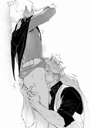 Rule 34 | 2boys, anal fingering, blush, bottomless, challia bull, char aznable, collared shirt, commentary, cum, english commentary, fingering, grabbing another&#039;s hair, greyscale, gundam, gundam gquuuuuux, highres, implied fellatio, jacket, long sleeves, male focus, military jacket, military uniform, monochrome, multiple boys, nomaumona, shirt, short hair, simple background, sweat, white background, yaoi