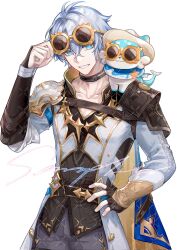 Rule 34 | 1boy, antenna hair, armor, black choker, black gloves, black pants, black shirt, blue cape, blue eyes, bubbles (honkai: star rail), cape, chimera (honkai: star rail), choker, coat, creature, creature on shoulder, ddcsddg, eyewear on head, fingerless gloves, gloves, highres, honkai: star rail, honkai (series), male focus, on shoulder, pants, parted bangs, pauldrons, phainon (honkai: star rail), shirt, short hair, shoulder armor, simple background, single glove, single pauldron, solo, watermark, watermark grid, white background, white coat, white hair