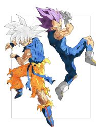 2boys blue_bodysuit blue_shirt bodysuit dragon_ball dragon_ball_super full_body galick_gun grey_eyes grey_hair highres kamehameha_(dragon_ball) male_focus medium_hair multiple_boys no_eyebrows orange_pants pants pato007711 purple_eyes purple_hair shirt simple_background son_goku spiked_hair torn_bodysuit torn_clothes torn_pants ultra_ego_(dragon_ball) ultra_instinct vegeta white_background