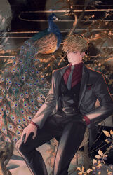 1boy absurdres black_pants blonde_hair collared_shirt earrings hand_in_pocket hand_on_own_leg highres jewelry looking_ahead male_focus mole mole_under_eye necktie pants parted_lips prosthesis prosthetic_arm red_shirt shirt sitting solo trigun trigun_stampede undercut vash_the_stampede yakikesen