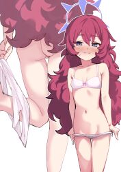 1girl absurdres ass bare_shoulders blue_archive blush bra breasts closed_mouth clothes_pull groin highres iroha_(blue_archive) loli long_hair looking_at_viewer navel panties pussy pussy_peek shichimi_yutsuki simple_background small_breasts smile standing stomach thigh_gap underwear underwear_only undressing wavy_hair white_background white_bra white_panties