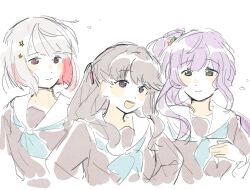 3girls :d aqua_neckerchief bob_cut brown_dress brown_hair closed_mouth colored_inner_hair commentary dress flower fujishima_megumi green_eyes grey_hair hair_bun hair_flower hair_ornament hasu_no_sora_school_uniform highres inverted_bob link!_like!_love_live! long_hair long_sleeves looking_at_another love_live! multicolored_hair multiple_girls neckerchief open_mouth otomune_kozue purple_eyes purple_hair red_flower red_hair sailor_collar sailor_dress school_uniform short_hair side_ponytail sidelocks single_side_bun smile split_mouth star_(symbol) star_hair_ornament streaked_hair symbol-only_commentary two_side_up upper_body virtual_youtuber white_sailor_collar winter_uniform woodonly yugiri_tsuzuri