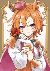 1girl amano_(amano_miko) animal_ear_piercing animal_ears armor armored_corset border cape closed_mouth commentary_request cropped_shirt crown fingerless_gloves flower gloves gold_armor hair_between_eyes hand_on_own_wrist hand_up highres holding holding_flower horse_ears horse_girl jewelry light_blush long_sleeves looking_at_viewer mini_crown orange_hair ornate_border outside_border pink_cape pink_ribbon puffy_long_sleeves puffy_sleeves purple_eyes red_flower red_rose ribbon ring rose shirt short_hair shoulder_armor shoulder_pads single_glove smile solo t.m._opera_o_(umamusume) umamusume upper_body vambraces white_background white_gloves white_shirt