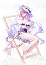 1girl alternate_costume bare_shoulders barefoot beach_chair bikini breasts bright_pupils castorice_(honkai:_star_rail) chair folding_chair front-tie_bikini_top front-tie_top hat head_tilt high-waist_skirt highres honkai:_star_rail honkai_(series) long_hair looking_at_viewer low_twintails medium_breasts miniskirt purple_bikini purple_eyes purple_hair purple_skirt s0104y sandals skirt solo string_bikini sun_hat swimsuit thighs twintails unworn_sandals very_long_hair white_background white_hat