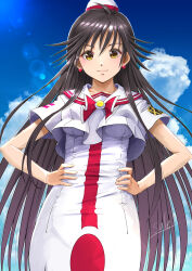 Rule 34 | 1girl, akira ferrari, aria (manga), blue background, bow, bowtie, breasts, brown hair, closed mouth, cowboy shot, dress, earrings, hair between eyes, hands on own hips, hat, highres, himeya company uniform, impossible clothes, impossible dress, jewelry, lens flare, long hair, looking at viewer, medium breasts, outdoors, red bow, red bowtie, red hat, sailor collar, short sleeves, sidelocks, signature, smile, solo, telaform, very long hair, white dress, white hat, yellow eyes