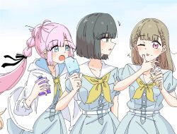 Rule 34 | 3girls, :o, ;p, anyoji hime, black bow, black hair, black ribbon, blue background, blue dress, blue eyes, blunt bangs, blunt ends, blunt sidelocks, blush, bob cut, bow, braid, breast pocket, breasts, brown hair, closed mouth, collarbone, commentary, cowboy shot, dress, flying sweatdrops, food, food bite, food theft, green eyes, hair bow, hair ribbon, hasu no sora school uniform, highres, holding, holding food, holding popsicle, hood, hooded jacket, hot, ice cream, jacket, kachimachi kosuzu, link! like! love live!, looking at another, love live!, medium breasts, medium hair, momiji (moj 0404), momose ginko, multi-tied hair, multiple girls, neckerchief, no dickey, one eye closed, open clothes, open jacket, open mouth, pink eyes, pink hair, pleated dress, pocket, ponytail, popsicle, puffy short sleeves, puffy sleeves, ribbon, sailor collar, sailor dress, school uniform, short hair, short sleeves, side braids, sidelocks, simple background, soft serve, summer uniform, sweat, three-quarter sleeves, tongue, tongue out, virtual youtuber, white jacket, white sailor collar, wiping face, yellow neckerchief