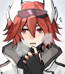 1boy aotu_world black_gloves black_shirt breath chinese_commentary eyewear_on_head fingerless_gloves gloves goggles goggles_on_head hair_between_eyes hand_up headgear high_collar highres jacket looking_at_viewer male_focus mask mask_pull mouth_mask notice_lines open_clothes open_jacket open_mouth pius_(aotu_world) pointy_ears red_eyes red_hair sharp_teeth shirt short_hair simple_background sixfish666666 solo teeth turtleneck upper_body white_background white_jacket