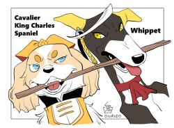 Rule 34 | animal, animal focus, animalization, ascot, calstone light o (umamusume), cavalier king charles spaniel (dog), clothed animal, commentary request, dog, durandal (umamusume), ear covers, no humans, onikobe rin, open mouth, red ascot, simple background, stick, tongue, tongue out, umamusume, upper body, vest, whippet (dog), white background, yellow vest