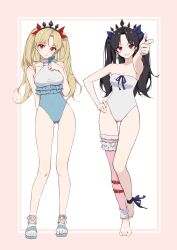 2girls arm_behind_back barefoot black_hair blonde_hair blue_sandals border breasts buncho_salmon choker ereshkigal_(fate) fate/grand_order fate_(series) frilled_garter_belt frilled_one-piece_swimsuit frills full_body halterneck hand_on_own_hip highres ishtar_(fate) ishtar_(swimsuit_rider)_(fate) looking_at_viewer multiple_girls one-piece_swimsuit outside_border pink_border pointing pointing_at_viewer red_hair sandals simple_background smile space_ereshkigal_(fate) space_ereshkigal_(first_ascension)_(fate) standing standing_on_one_leg strapless strapless_one-piece_swimsuit swimsuit thigh_gap twintails white_background white_choker white_one-piece_swimsuit