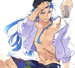 Rule 34 | 1boy, 1other, blue hair, can, cu chulainn (caster) (fate), cu chulainn (fate), cu chulainn (tropical rune summer) (fate), earrings, fate/grand order, fate (series), hat, holding, holding can, iz izhara, jacket, jewelry, long hair, long sleeves, male focus, male swimwear, navel, open clothes, open jacket, pectorals, red eyes, simple background, sitting, smile, swim trunks, toned, toned male, white background, white jacket