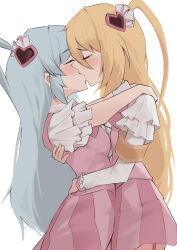 2girls absurdres blonde_hair blue_hair bow bowtie collared_shirt cosplay don_quixote_(project_moon) dress e.g.o_(project_moon) hair_ornament heart heart_hair_ornament highres in_the_name_of_love_and_hate_(e.g.o) kiss limbus_company lobotomy_corporation lobotomy_corporation_(identity)_(project_moon) long_hair long_sleeves magical_girl multiple_girls neva_(dir4ct_c) pink_bow pink_bowtie pink_garter_straps pink_vest project_moon queen_of_hatred queen_of_hatred_(cosplay) shirt simple_background skirt striped_clothes striped_skirt thighhighs two_side_up vertical-striped_clothes vertical-striped_skirt very_long_hair vest yuri