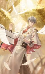 1boy aiguillette artist_request autumn autumn_leaves belt bird black_belt black_pants buttons cape capelet closed_mouth coat collared_coat conductor_baton dappled_sunlight double-breasted epaulettes falling_leaves feet_out_of_frame floating_paper forest game_cg grey_eyes grey_hair hair_between_eyes highres leaf light_particles looking_at_viewer male_focus modric_(shining_nikki) music_stand nature nikki_(series) official_art outdoors outstretched_hand pants red_cape sheet_music shining_nikki short_hair simple_bird smile solo sunlight sunset two-sided_cape two-sided_fabric white_bird white_cape white_capelet white_coat