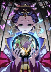 4girls absurdres black_hair bug butterfly butterfly_wings chinese_clothes closed_mouth commentary_request crystal_ball earrings eyeliner facing_viewer fingernails fox_mask green_eyes green_hanfu hair_ornament hairpin hanfu highres holding insect insect_wings jewelry kusuriya_no_hitorigoto larose long_sleeves looking_at_object looking_down loulan_(kusuriya_no_hitorigoto) makeup maomao_(kusuriya_no_hitorigoto) mask multiple_girls orange_hanfu red_eyeliner shisui_(kusuriya_no_hitorigoto) siblings sisters spoilers suirei_(kusuriya_no_hitorigoto) upper_body wide_sleeves wings