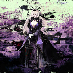 Rule 34 | 1girl, absurdres, alternate costume, black corset, black hairband, black ribbon, black umbrella, blonde hair, breasts, breasts apart, brooch, closed umbrella, commentary, corset, detached collar, dress, full body, fur trim, gloves, gown, hair between eyes, hair ribbon, hairband, highres, jewelry, koumajou densetsu, koumajou densetsu 2, large breasts, light smile, long bangs, long hair, long sleeves, oiviie, own hands together, ribbon, solo, standing, touhou, umbrella, very long hair, white gloves, wide sleeves, yakumo yukari