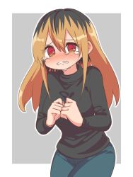 Rule 34 | 1girl, @ @, black hair, black shirt, blonde hair, blush, border, breasts, brown hair, crying, denim, happy, highres, ikonaska, jeans, kinjo no hito no nakimushi, large breasts, long hair, long sleeves, looking at viewer, multicolored hair, ochiai (kinjo no hito no nakimushi), own hands together, pants, pink background, roots (hair), shirt, solo, two-tone hair, white border