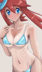 1girl alternate_costume bikini blue_bikini blue_eyes breasts closed_mouth collarbone commentary_request eyelashes female_pubic_hair hair_between_eyes hair_ornament haloh hand_up highres navel nintendo one_side_up pokemon pokemon_bw pubic_hair pubic_hair_peek red_hair ribs sidelocks skyla_(pokemon) solo swimsuit tan tanline