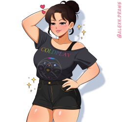 1girl alexndraws animification band_shirt black_eyes black_shirt black_shorts blush breasts brown_hair coldplay collarbone earrings hair_behind_ear hair_bun hand_on_own_hip heart highres jeongyeon_(twice) jewelry k-pop large_breasts merchandise parted_lips real_life shadow shirt shirt_tucked_in short_shorts shorts single_hair_bun smile solo sparkle twice_(group) twitter_username white_background