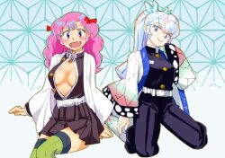 Rule 34 | 2girls, cosplay, green thighhighs, japanese clothes, kanroji mitsuri (cosplay), kimetsu no yaiba, kochou shinobu (cosplay), multiple girls, onnaski, oyuki (urusei yatsura), pants, pink hair, ran (urusei yatsura), smile, thighhighs, underwear, urusei yatsura