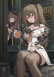 2girls absurdres bare_shoulders black_gloves blue_eyes blush breasts brown_hair brown_jacket cleavage cropped_jacket fingerless_gloves girls&#039;_frontline girls&#039;_frontline_2:_exilium gloves goggles goggles_on_head hair_between_eyes hair_ornament hairclip hands_up highres indoors jacket k2_(girls&#039;_frontline) kd_(kdh45689) long_hair looking_at_another mayling_shen_(girls&#039;_frontline_2) medium_breasts mouth_hold multiple_girls navel no_bra off-shoulder_jacket off_shoulder orange_eyes side_ponytail sitting solo_focus thighhighs very_long_hair white_jacket yoohee_(girls&#039;_frontline_2)