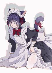 1boy alternate_costume animal_ear_fluff animal_ears apron black_bow blunt_ends bow bowtie cat_ears cat_tail closed_mouth crossdressing drop_shadow enmaided eyelashes eyeliner eyeshadow frilled_apron frills genshin_impact hair_bow highres kneeling large_bow light_blush long_sleeves looking_at_viewer maid maid_apron maid_headdress makeup male_focus male_maid puffy_sleeves purple_hair red_bow red_bowtie red_eyeliner red_eyeshadow scaramouche_(genshin_impact) skirt_hold solo tail tail_bow tail_ornament thighhighs three_quarter_view tsurime w02_14 white_sleeve_cuffs white_thighhighs wispy_bangs