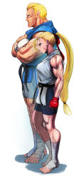 1boy 1girl abel_(street_fighter) alternate_costume alternate_hairstyle ankle_wrap antenna_hair belt biceps bike_shorts black_belt breasts cammy_white clenched_hand commentary_request crossed_arms deltoids dougi facial_scar fingerless_gloves gloves hair_ribbon height_difference judo long_hair low-tied_long_hair martial_arts_belt medium_breasts mma_gloves muscular muscular_female muscular_male ponytail red_gloves red_ribbon ribbon scar scar_on_cheek scar_on_face shopyun side-by-side sleeveless standing street_fighter street_fighter_iv_(series) toes very_long_hair white_gloves